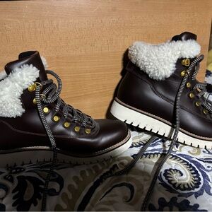 Cole Haan Brown Leather Shearling-Trim Hiking Booties with White Lug Sole